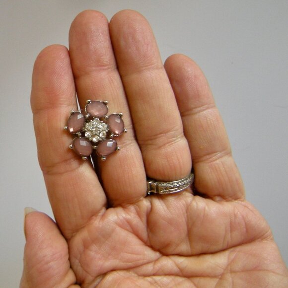 Rhinestone And Pink Flowers Pierced Earrings - Silver tone - Picture 3 of 4